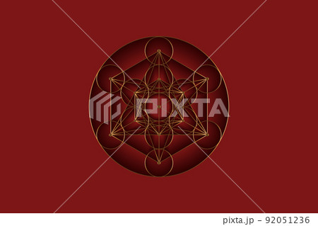 Seed of life, Sacred Geometry, Flower of Life, Metatrons Cube, gold luxury logo. Symbol of Harmony and Balance, golden Geometrical Ornament, vector isolated on red background 92051236