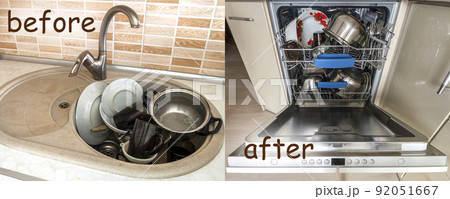 Dirty sink with kitchenware, utensil, dishes. Open dishwasher with clean dishes. Dirty sink with kitchenware, utensil, dishes. Open dishwasher with clean dishes. 92051667