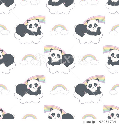Panda Seamless Pattern Background, Happy cute panda flying in the sky between clouds and star 92051734