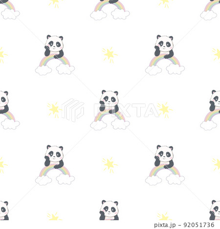Panda Seamless Pattern Background, Happy cute panda flying in the sky between clouds and star 92051736