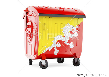 Garbage container with Bhutanese flag, 3D rendering Garbage container with Bhutanese flag, 3D rendering 92051775