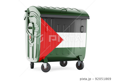 Garbage container with Palestinian flag, 3D rendering Garbage container with Palestinian flag, 3D rendering 92051869
