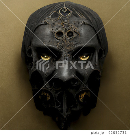Close up of an Ancient Dark Leather Mask with Intricately Carved Details Close up of an Ancient Dark Leather Mask with Intricately Carved Details 92052731