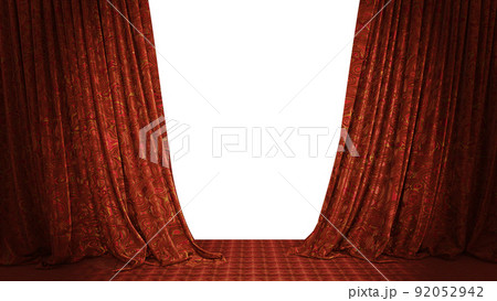 Realistic 3D illustration of the stylish and fancy textured opened red stage curtain with red silk carpet floor rendered as background 92052942