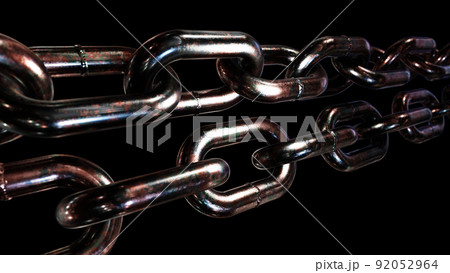 Realistic 3D illustration of the corroded rusty brushed steel chains against black 92052964