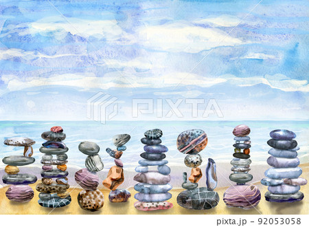 Watercolor hand-drawn landscape with stacks of flat pebbles and ocean Watercolor hand-drawn landscape with stacks of flat pebbles and ocean 92053058
