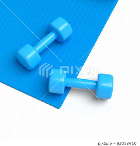 Isometric view of sport equipment like yoga mat and dumbbell on white 92053410