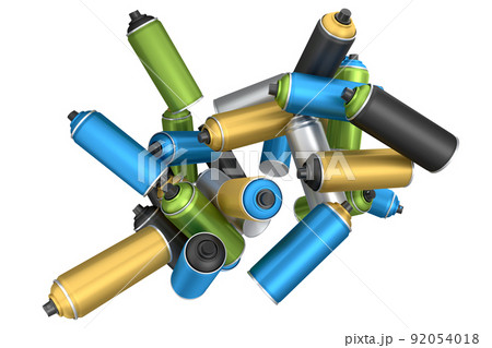 Lots of flying spray paint cans on white background. Spray bottle and dispenser 92054018