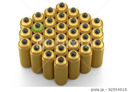 Set of spray paint cans in row on white background. Spray bottle and dispenser 92054019