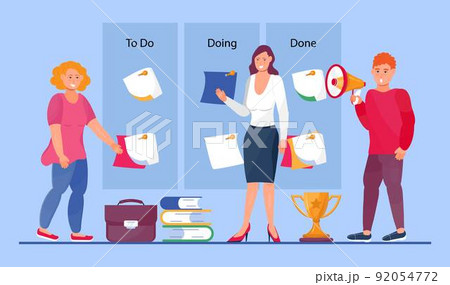 Kanban board with stickers concept vector. Explainerr illustration of a scrum daily stand-up meeting. Scrum master with development team. 92054772