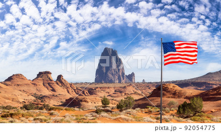 American National Flag Overlay with Desert Rocky Mountain American Landscap 92054775
