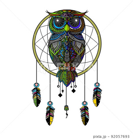 colorful owl zentangle art illustration . Ethnic patterned vector illustration. 92057693