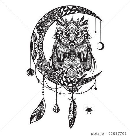 Owl And Moon Hand Drawn Sketch Illustration のイラスト素材