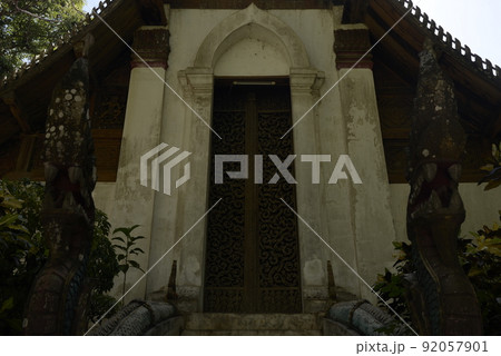 Wat Don Sak the hidden temple with an iconic wood craving door in Ayutthaya period located in Laplae district of Uttaradit province, Thailand 92057901
