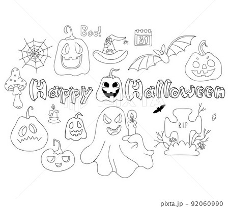 Happy Halloween collection. Linear hand drawn doodle pumpkin Jack, ghost, bat and cobweb, graveyard, grave and magical fly agaric. Vector Isolated elements for decor, design and decoration 92060990