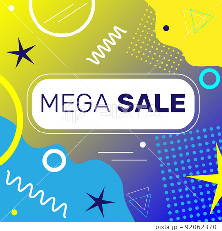 Mega sale banner template design with bright gradient background and geometric elements in memphis style.  92062370