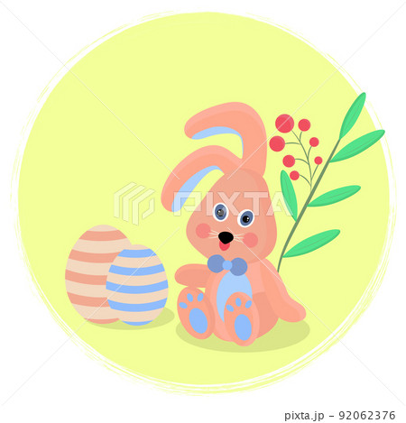 Toy bunny with easter eggs and twig with berries 92062376