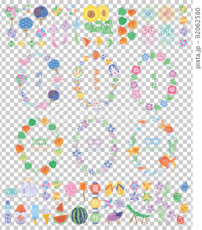Summer festival Japanese style round frame vertical illustration material set 92062580