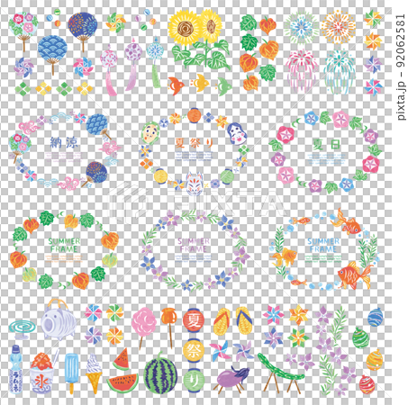 Summer festival Japanese style round frame side illustration material set 92062581