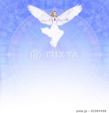青いマンダラのグラデーションの背景に浮かぶ白い羽根とドレスの天使のイラスト素材 92064498