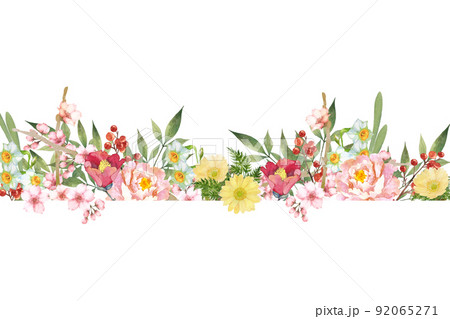 和風なお花のフレーム　水彩イラスト 92065271