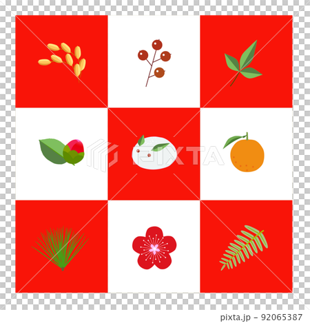 紅色和白色方格背景上設置的新年裝飾圖標 92065387