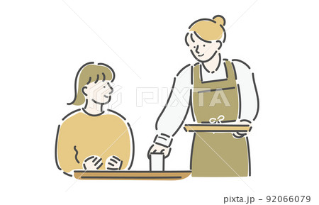 カフェ店員　スタッフ 　お客さま　女性　イラスト 92066079