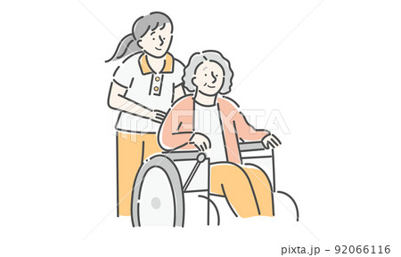 車椅子に乗るシニア女性　介護スタッフ　イラスト 92066116