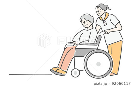 車椅子に乗るシニア女性　介護スタッフ　イラスト 92066117