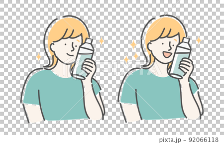 ペットボトルの水分を片手にもつ　女性　イラスト 92066118