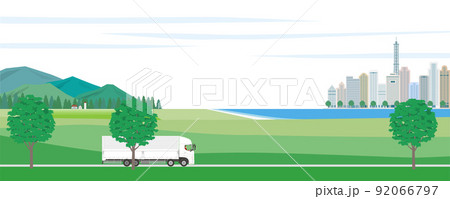 郊外から都会への道路を走るウイングトラックのイラスト 92066797