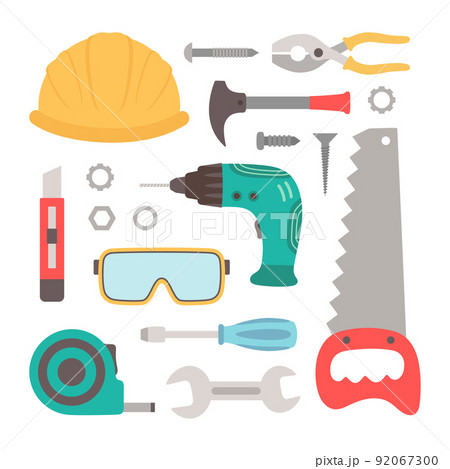 vector illustration of cartoon construction tools in flat style 92067300