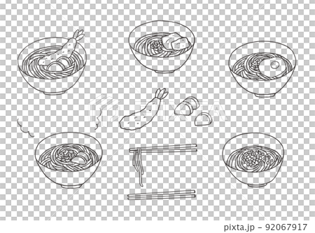 うどんの手描きイラストセット（モノクロ） 92067917