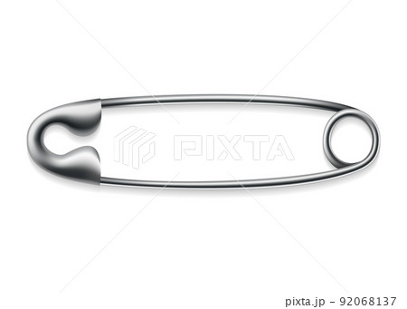 Safety pin icon. Metal sewing tool for fasten pieces of clothing together. Vector design of closed silver or stainless steel safety pin on white background 92068137