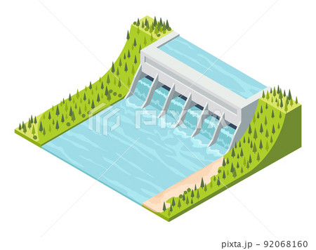Hydro power isometric. Hydroelectric power plant. Alternative energy concept, factory electric. Water power station dam on the river. Vector illustration 92068160