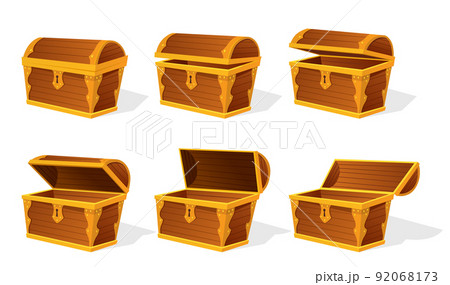 Chest animation. Empty old wooden chest for gold treasure set. Cartoon ancient container for pirates isolated vector icon on white. Game wooden antique box for treasure Chest animation. Empty old wooden chest for gold treasure set. Cartoon ancient container for pirates isolated vector icon on white. Game wooden antique box for treasure 92068173