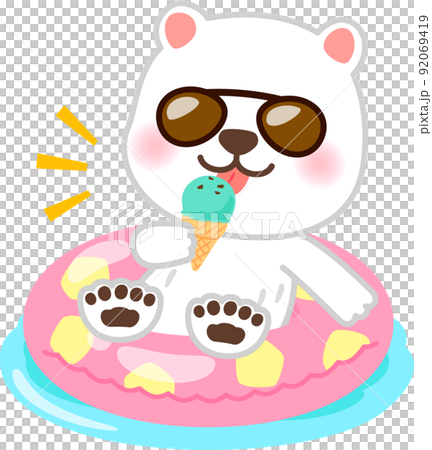 浮き輪に座りアイスを食べるクマのキャラクター 92069419