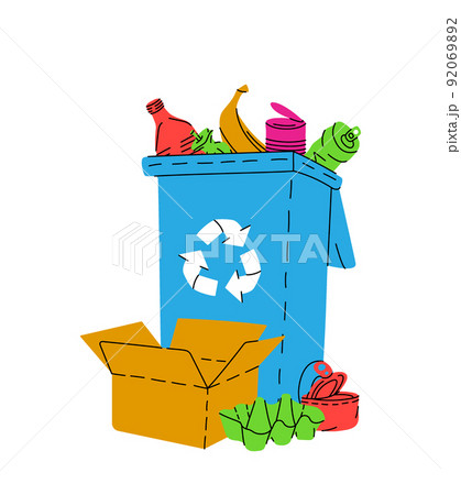 Trash can with unsorted garbage. Plastic, metal, paper, organic waste illustration. Garbage plastic can with different trash. Pile of household waste 92069892