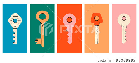 Set of various house keys. Colored posters with hand drawn house keys. Different door keys isolated on colored background. Home security illustration Set of various house keys. Colored posters with hand drawn house keys. Different door keys isolated on colored background. Home security illustration 92069895