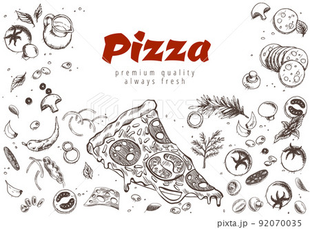 Pizza line banner. Engraved style doodle background. Savoury pizza ads. Tasty vector banner for cafe, restaurant or food delivery service Pizza line banner. Engraved style doodle background. Savoury pizza ads. Tasty vector banner for cafe, restaurant or food delivery service 92070035