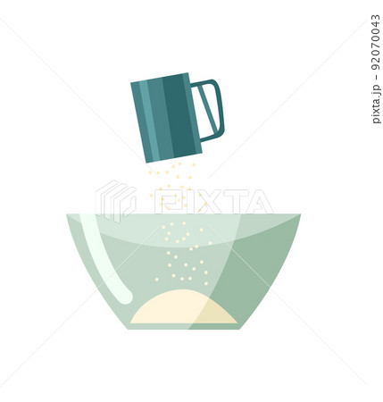 Step by preparation cake. Sweet bakery or cooking process. Baking ingredient or food preparation sign. Recipe element 92070043