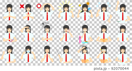 女子学生　夏服　Yシャツ伴袖ネクタイ赤　姫カット（セット） 92070044