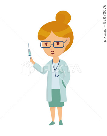 Kid profession doctor. Cartoon young person in professional uniform. Cute children occupation vector illustration. Girl character in professions suit Kid profession doctor. Cartoon young person in professional uniform. Cute children occupation vector illustration. Girl character in professions suit 92070076