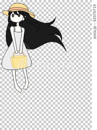 ピンクの帽子を被りバッグを持った黒髪の女の子のイラスト ピンクの帽子を被りバッグを持った黒髪の女の子のイラスト 92070719