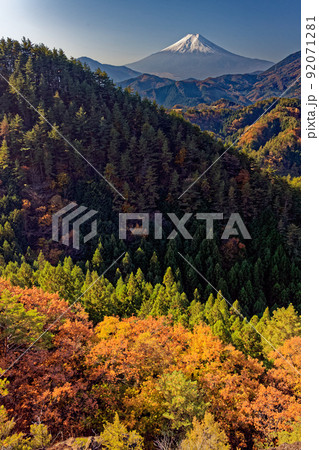 大月市・天狗岩から見る紅葉の山並みと富士山 92071281