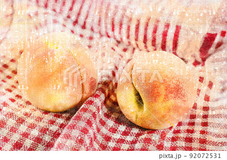Ripe peaches on a red and white checkered fabric. Two red fruits. Digital watercolor painting. Canvas texture Ripe peaches on a red and white checkered fabric. Two red fruits. Digital watercolor painting. Canvas texture 92072531