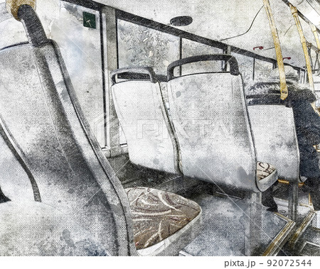 City bus interior, public transport concept. Adult woman riding the bus, sitting at the back facing forward. Digital watercolor painting. Canvas texture City bus interior, public transport concept. Adult woman riding the bus, sitting at the back facing forward. Digital watercolor painting. Canvas texture 92072544