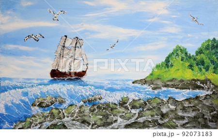 Sailing ship and coast Sailing ship and coast 92073183