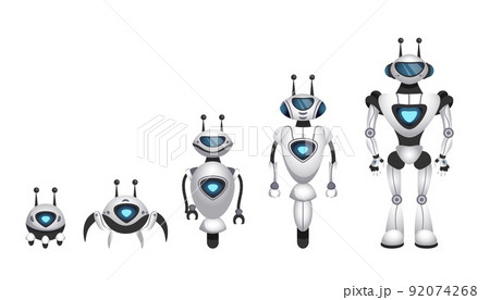 Alien robot evolution. Future digital machines with antenna, cyborg model engineering. Ai technology assistants collection, little and big androids standing in line, vector cartoon isolated concept 92074268
