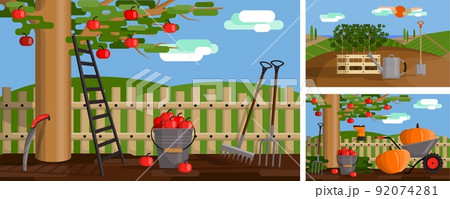Spring landscape. Garden scenery. Background with plants and agriculture tools. Orchard harvest. Nature rural panorama. Apple tree crop. Pumpkin in wheelbarrow. Farm field. Vector illustration banner 92074281